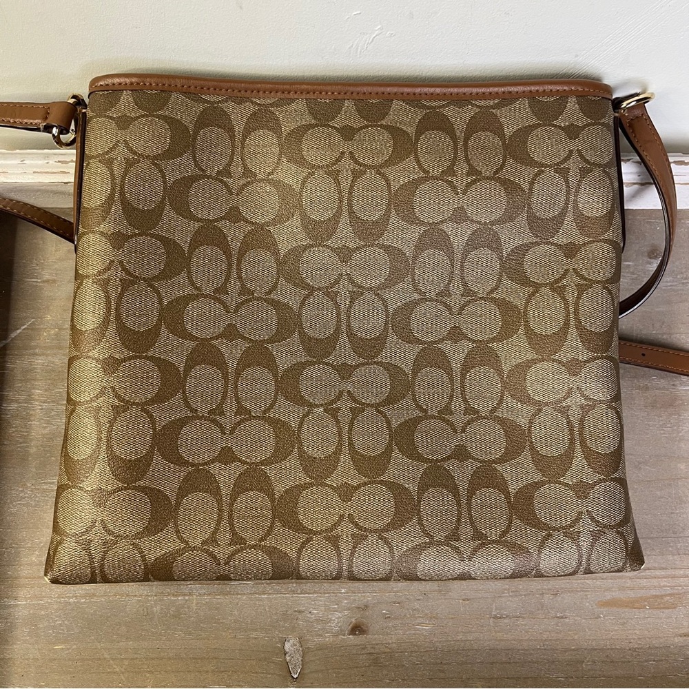 Coach Signature File Crossbody F58297 Brown Tan Logo Leather Trim Messenger Bag - Picture 8 of 16